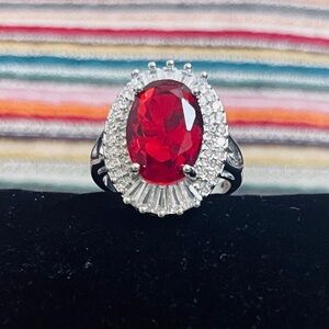 18K White Gold Filled Ruby Red Art Deco Style Cubic Zirconia Halo Statement Ring